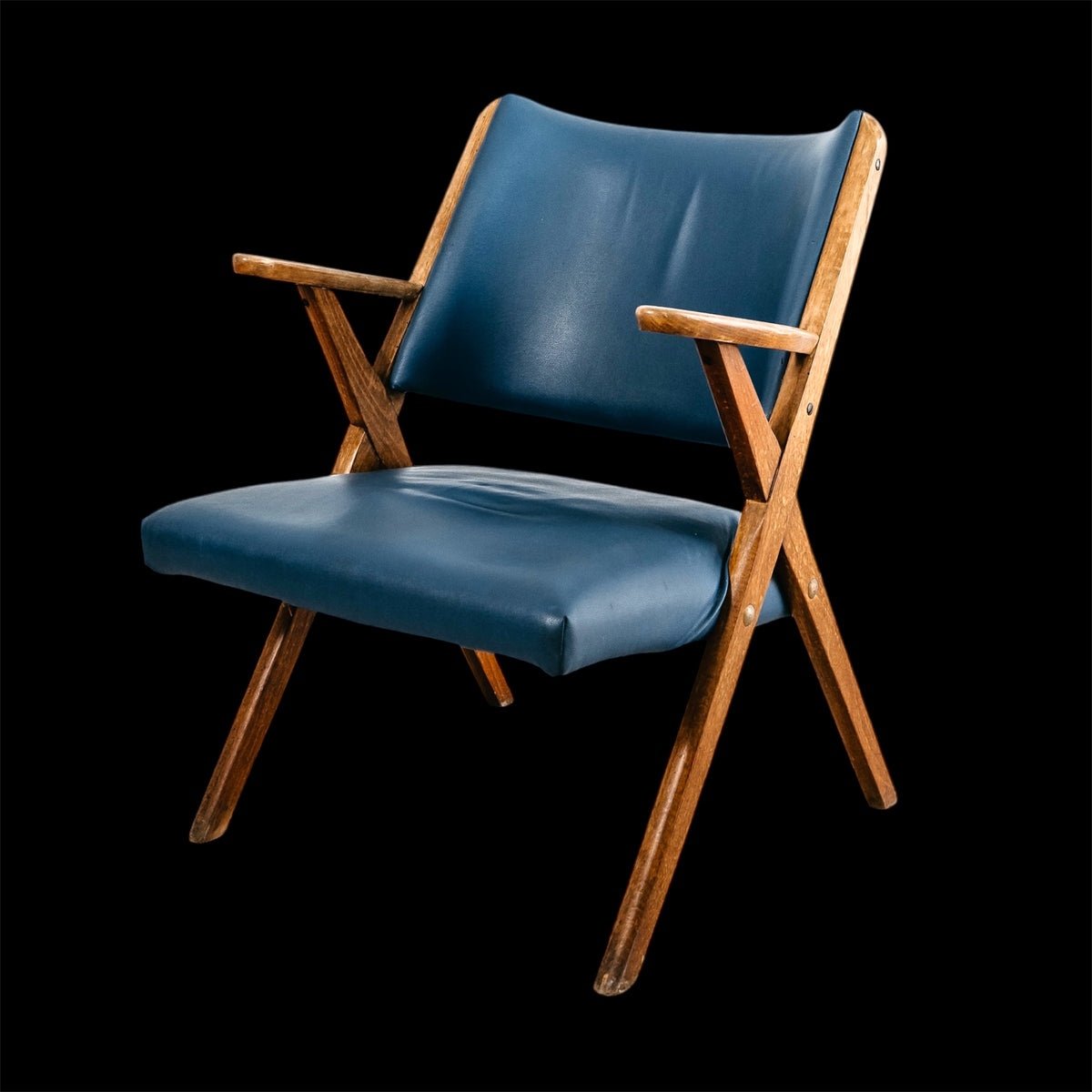 Poltrona Lounge Vintage Dal Vera in Legno e Skai Blu (Anni '50/'60)