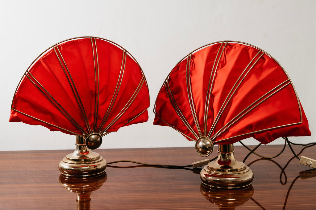 Coppia Lampade da Tavolo Ventaglio Vintage Anni 70 Ottone Hollywood Regency Modernariato Abat-Jour