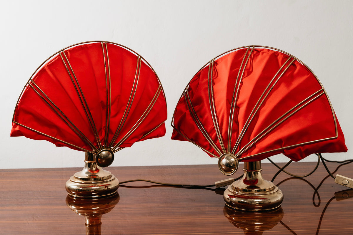 Coppia Lampade da Tavolo Ventaglio Vintage Anni 70 Ottone Hollywood Regency Modernariato Abat-Jour