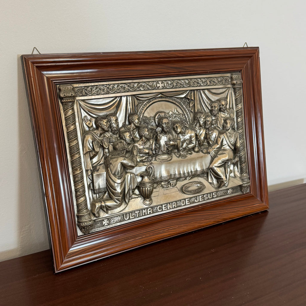 Quadro Bassorilievo Vintage "Ultima Cena de Jesus" in Metallo Argentato / Brunito