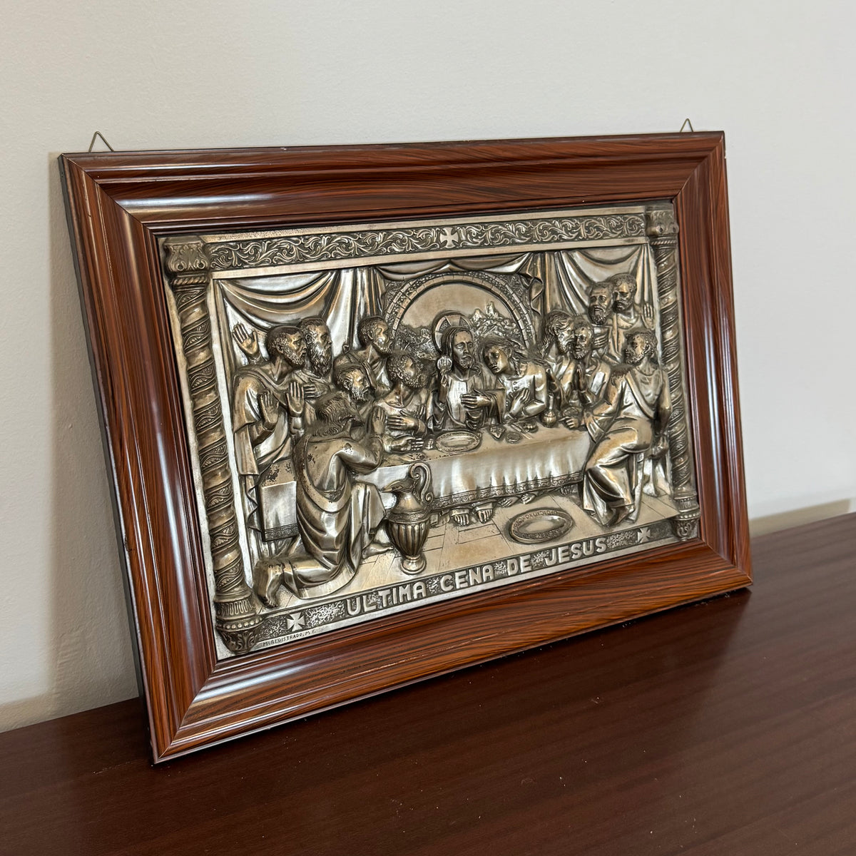Quadro Bassorilievo Vintage "Ultima Cena de Jesus" in Metallo Argentato / Brunito
