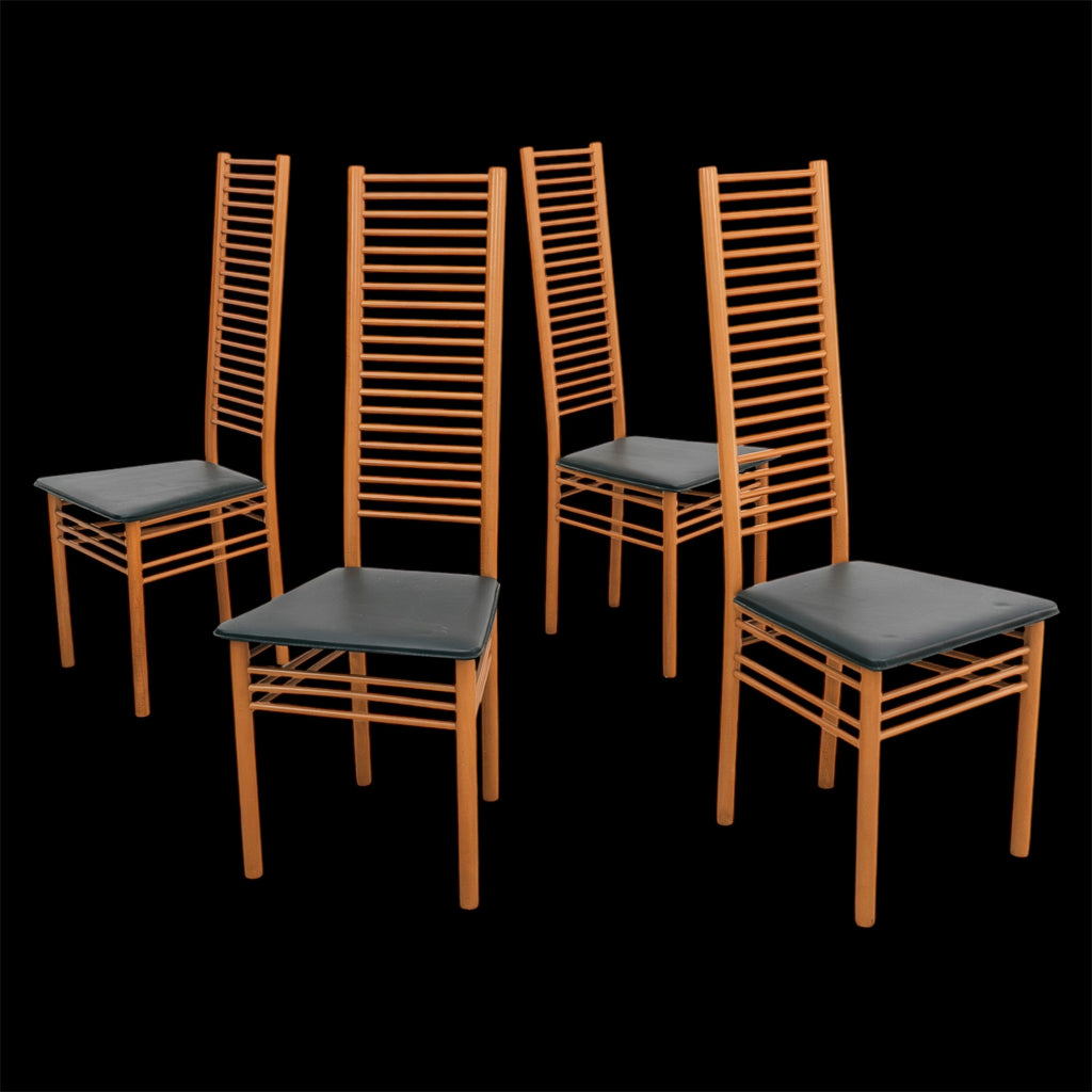 Set 4 Sedie Schienale Alto Vintage Anni 80 Legno Chiaro Pelle Nera Modernariato Design