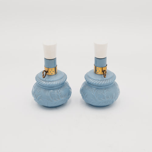 Coppia Boccette Profumo Vintage Avon Courting Lamp Vetro Opalino Blu Anni 70