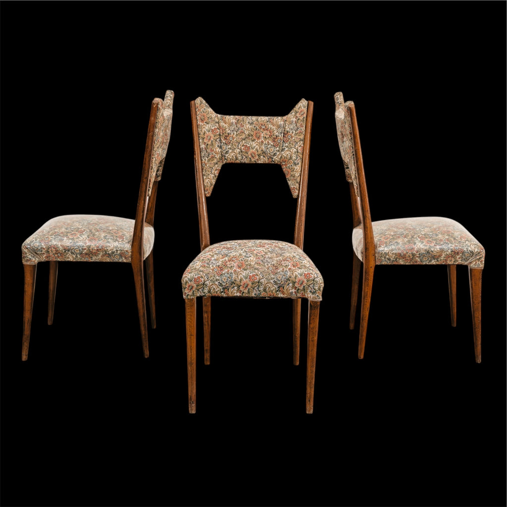 Set 3 Sedie Ico Parisi Modello 1950. Vintage Anni 50 Noce e Tessuto Floreale Modernariato