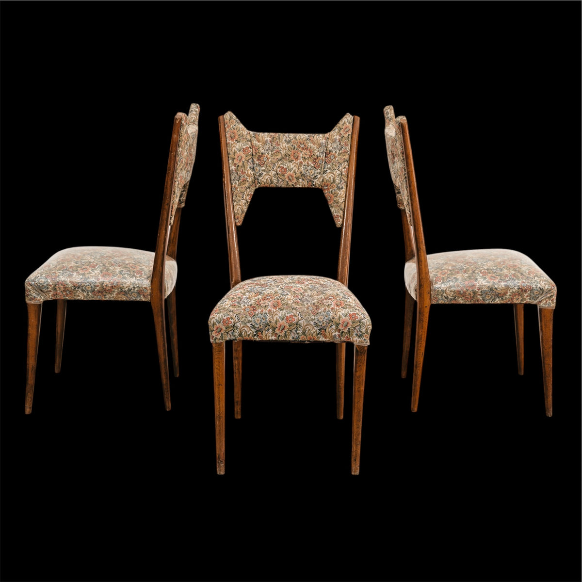 Set 3 Sedie Ico Parisi Modello 1950. Vintage Anni 50 Noce e Tessuto Floreale Modernariato