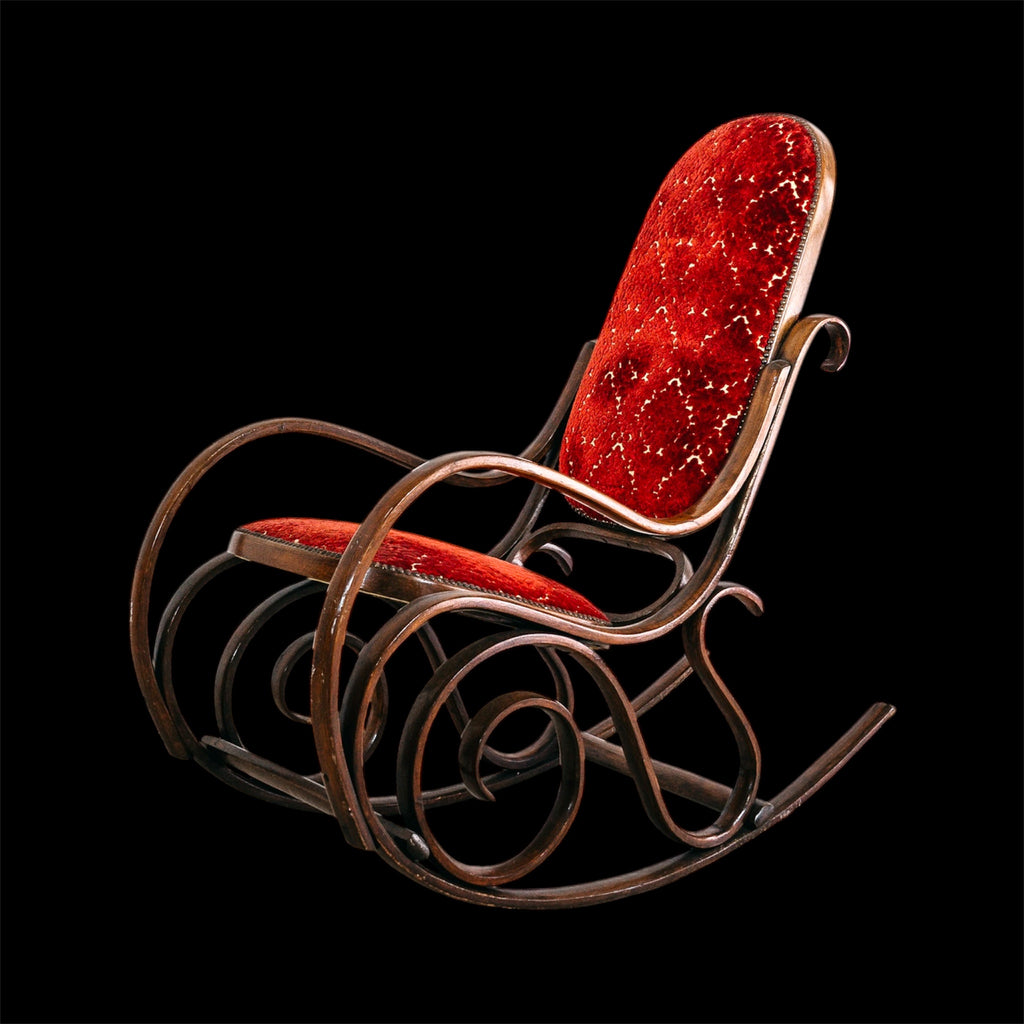 Sedia a Dondolo Vintage in Legno Curvato nello Stile di Thonet e Velluto Rosso (Anni '20/'30)