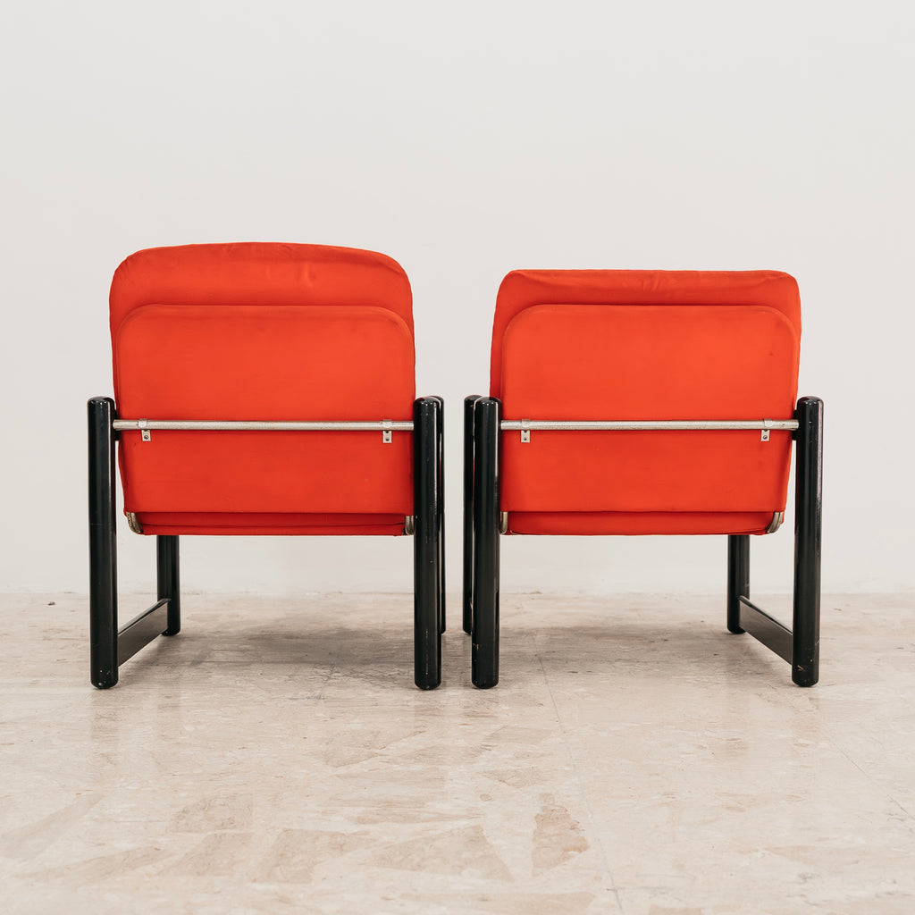 Coppia di Poltrone Vintage Schirolli Modello Pierrot in Legno Laccato e Panno Rosso (Anni '80)