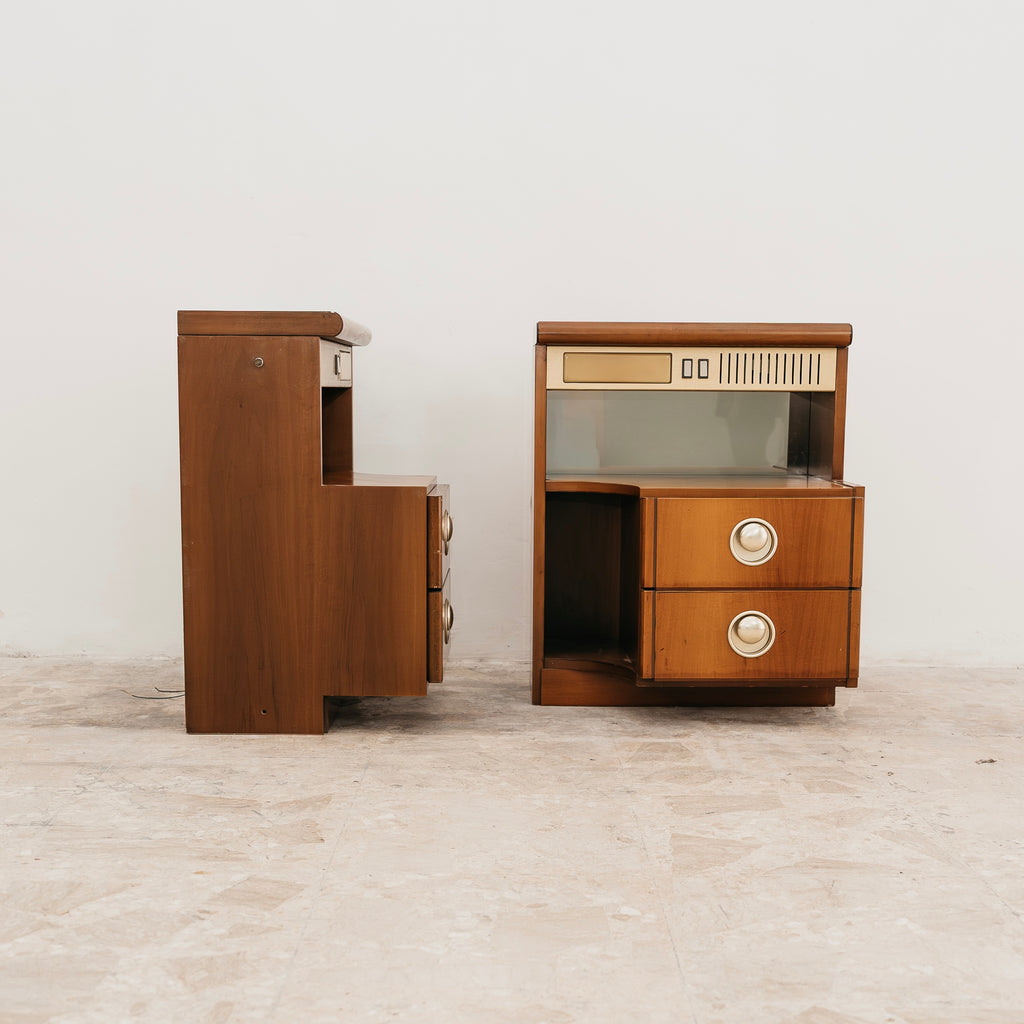 Coppia Comodini Vintage Anni 70 Space Age Legno lampade Integrate Specchio Modernariato Design