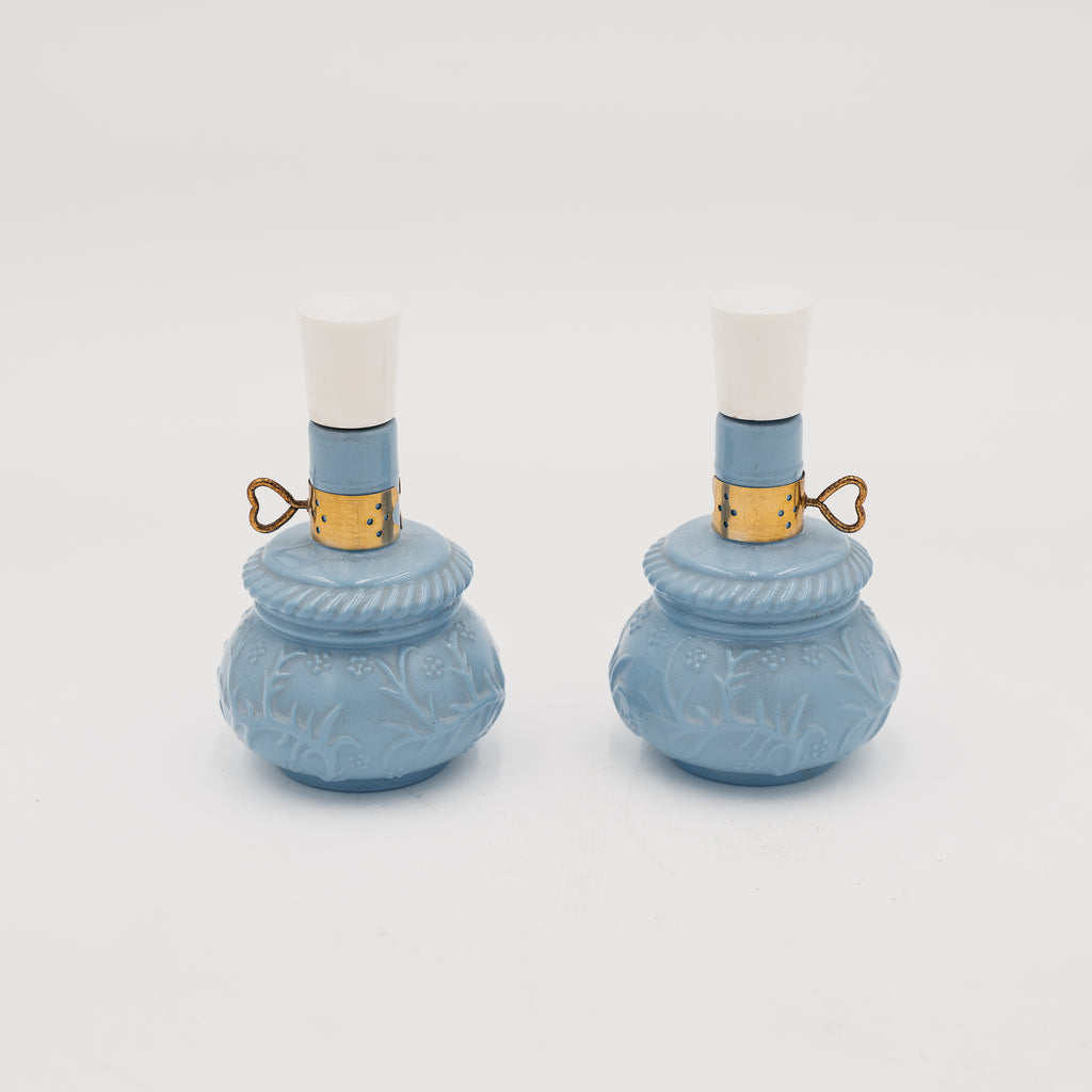 Coppia Boccette Profumo Vintage Avon Courting Lamp Vetro Opalino Blu Anni 70
