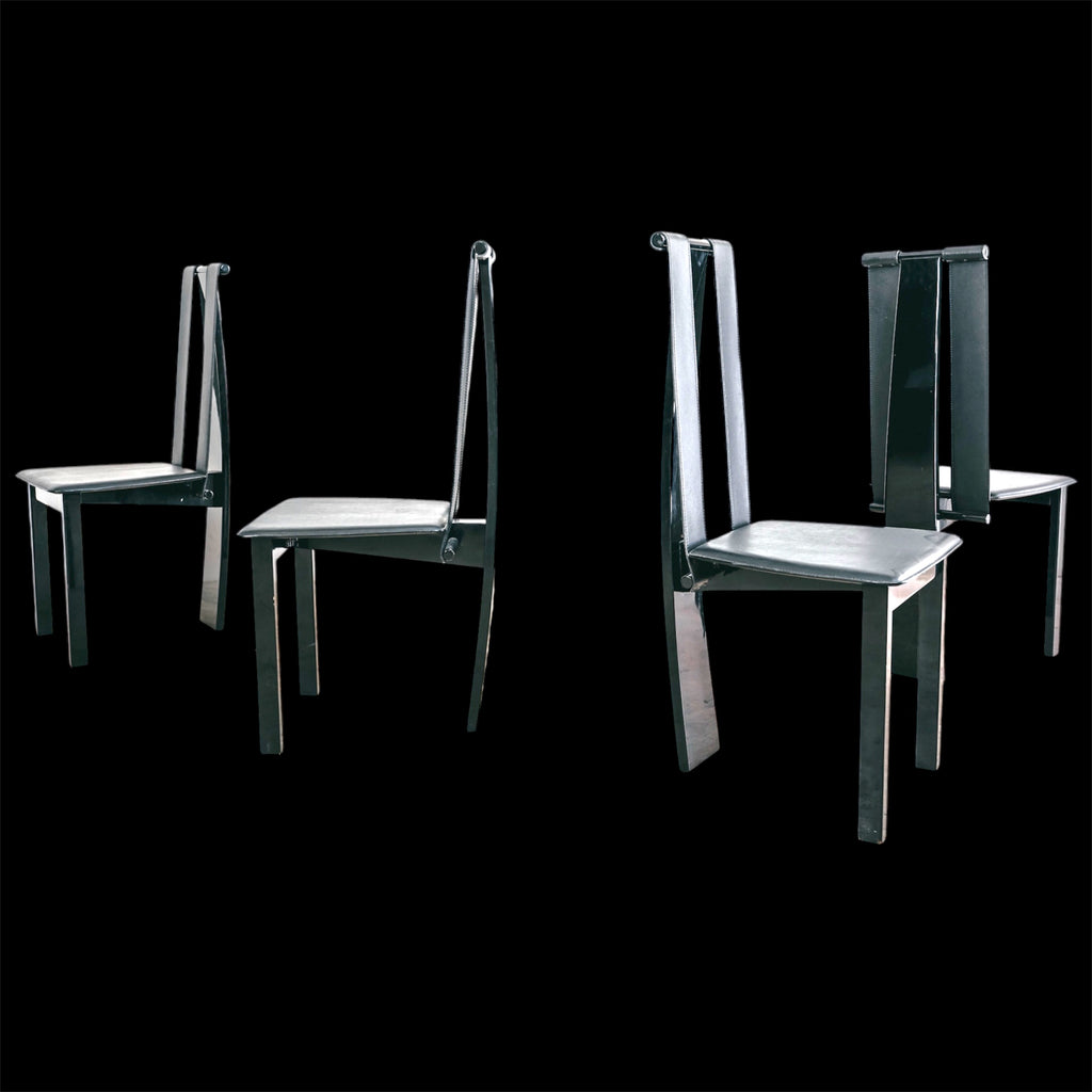 Set di 4 Sedie da Pranzo Postmoderne in Legno Laccato e Similpelle Nera (Anni '80)