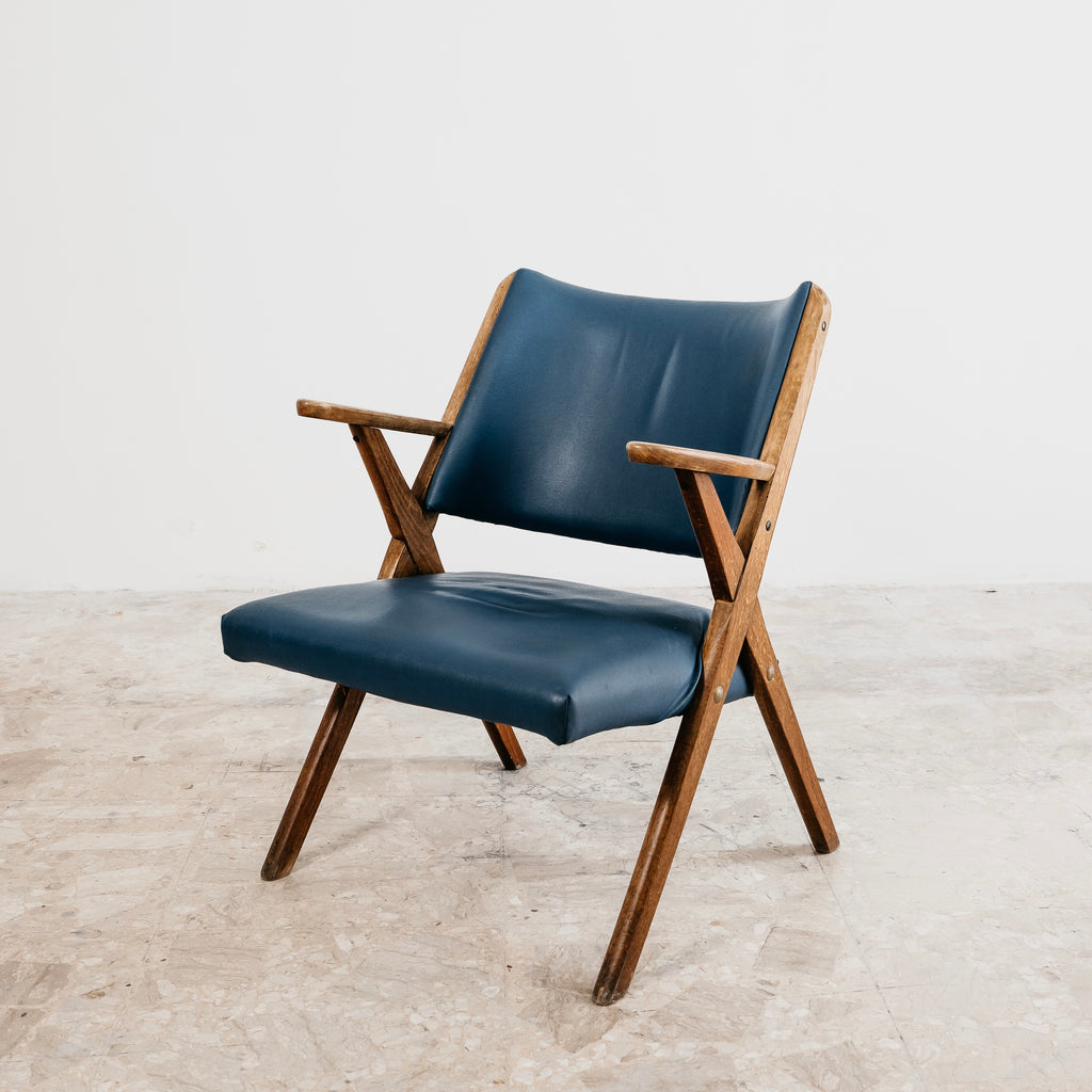 Poltrona Lounge Vintage Dal Vera in Legno e Skai Blu (Anni '50/'60)