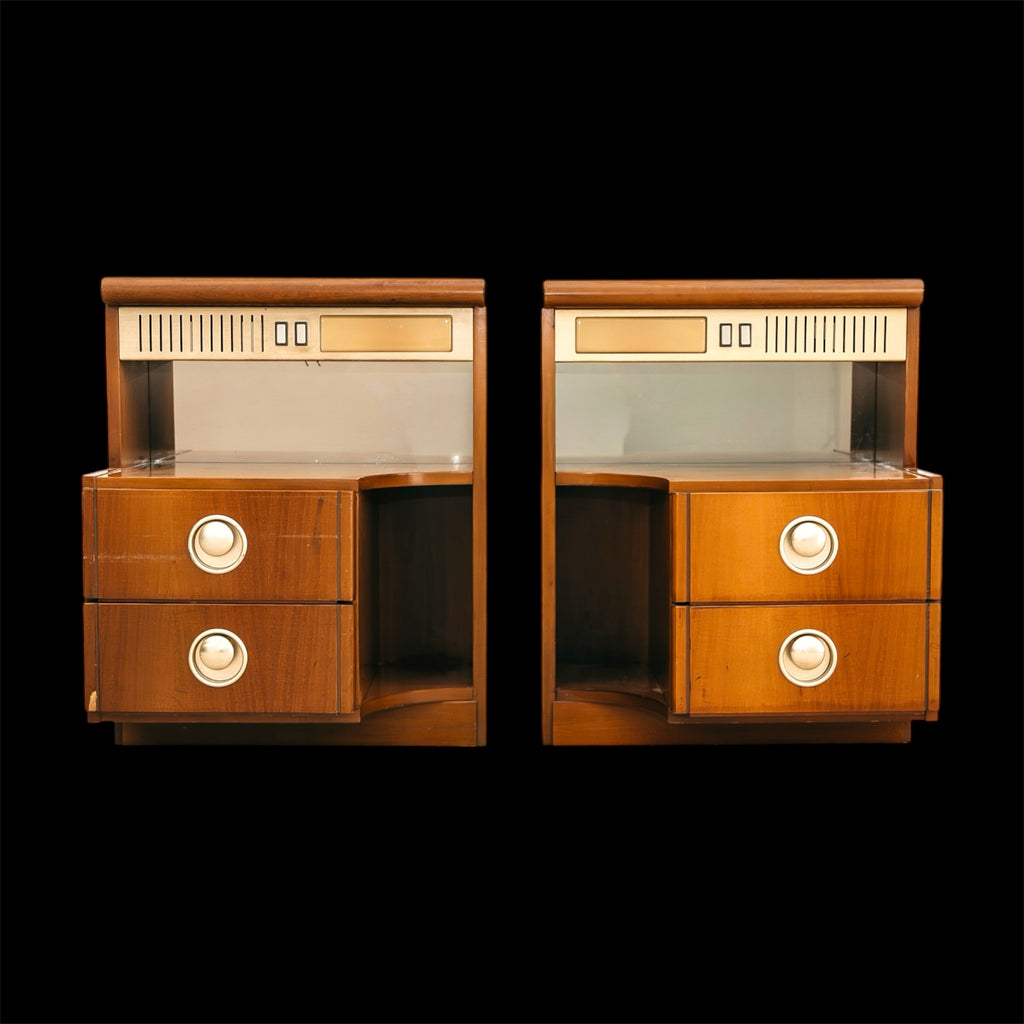 Coppia Comodini Vintage Anni 70 Space Age Legno lampade Integrate Specchio Modernariato Design