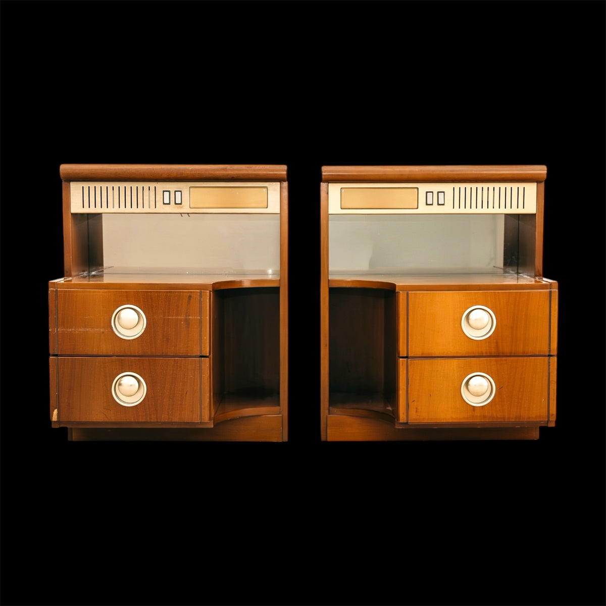 Coppia Comodini Vintage Anni 70 Space Age Legno lampade Integrate Specchio Modernariato Design