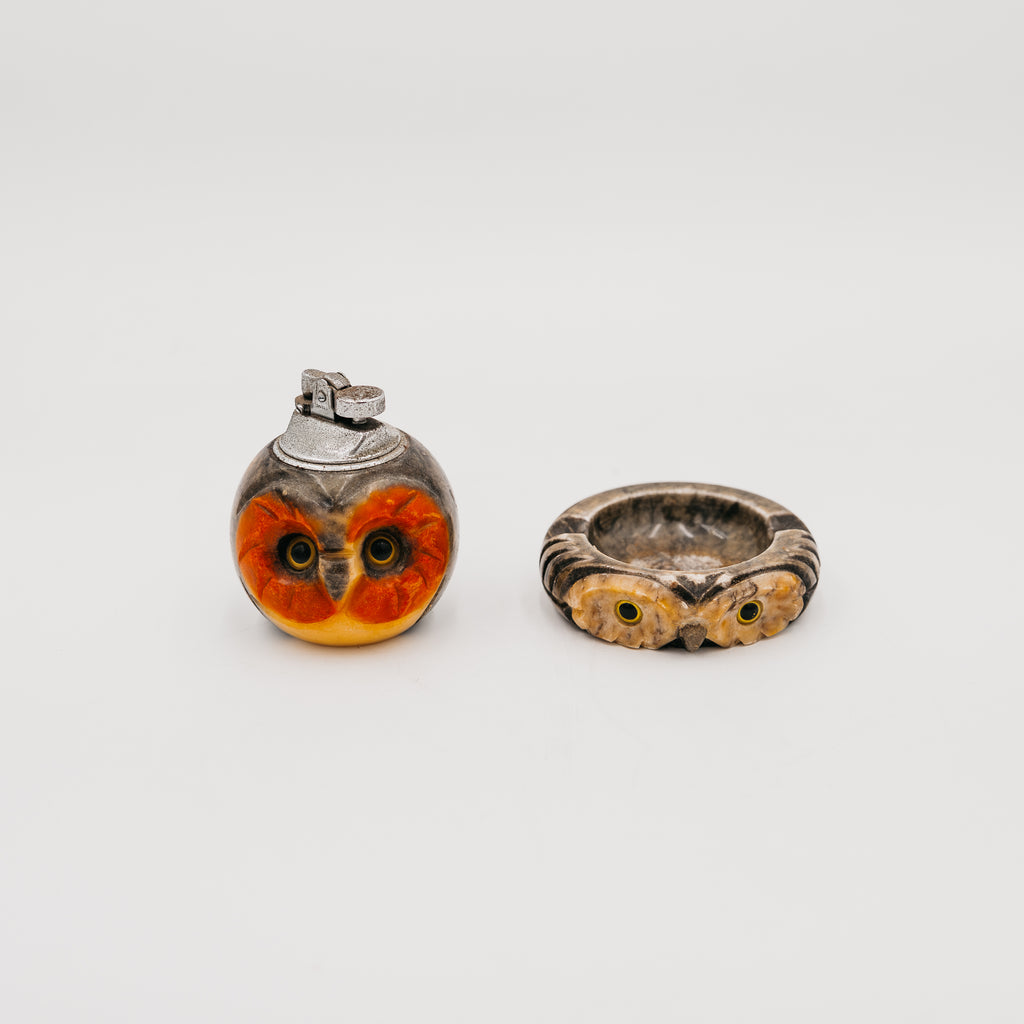 Set da Fumo Vintage Gufo Accendino da Tavolo con Posacenere Integrato Alabastro