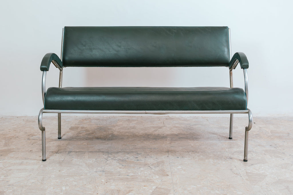 Divanetto Due Posti Vintage Bauhaus in Tubolare d'Acciaio e Skai Verde (Anni '40)
