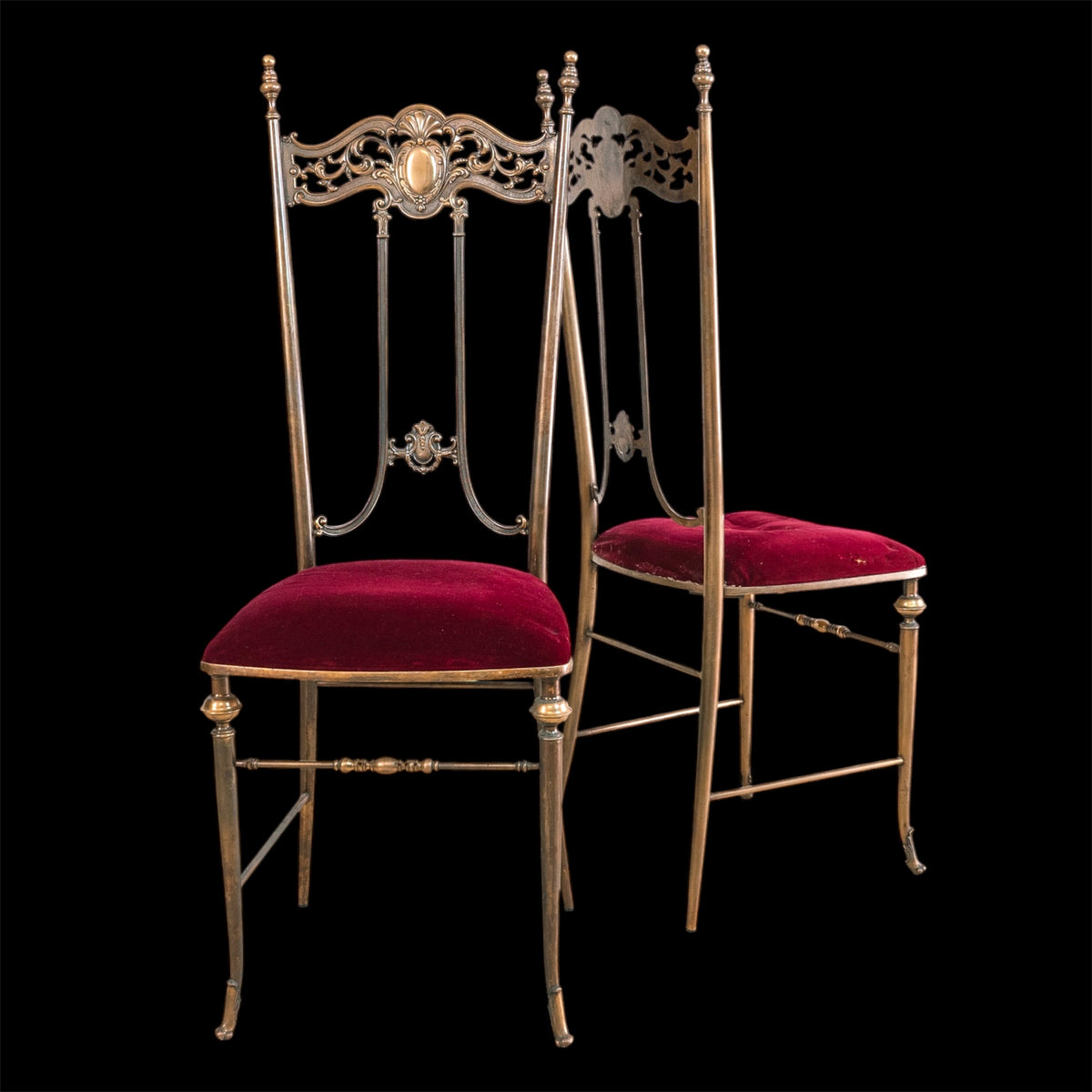 Coppia di Sedie Antiche Chiavarine in Ottone e Velluto Rosso (Anni ‘50/60)