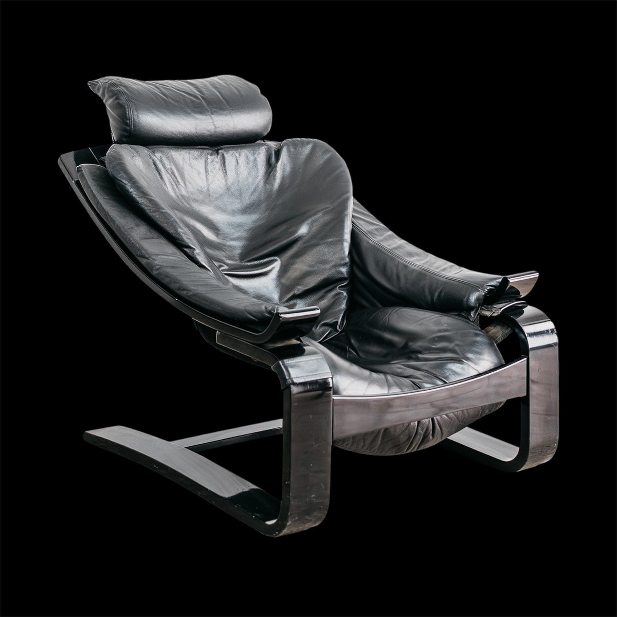 Poltrona Lounge Vintage "Kroken" di Åke Fribytter per Nelo Möbel in Pelle Nera (Anni '70)