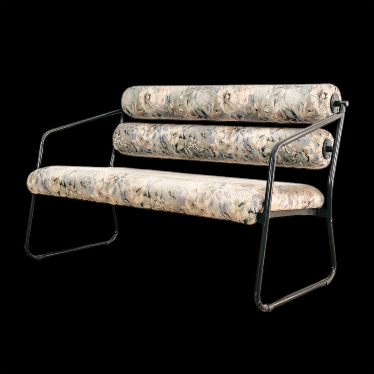 Divanetto Postmoderno Stile Memphis Anni 80 Metallo Nero Tessuto Floreale Rulli Modernariato