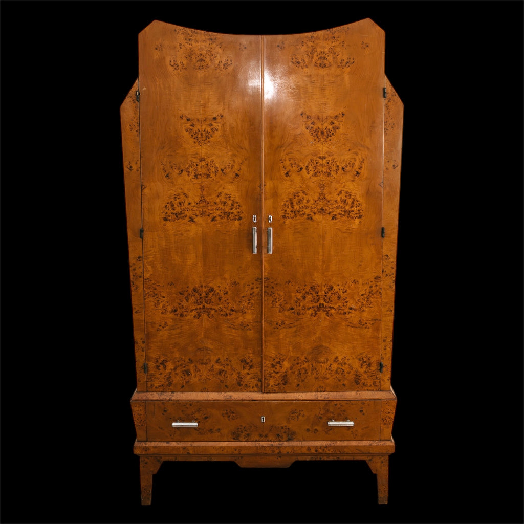1940s Italian Art Deco Burr Birch Wardrobe with Chrome Hardware