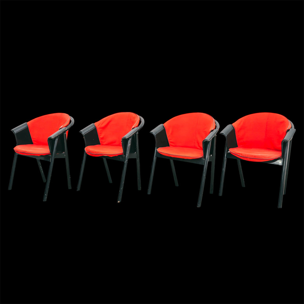 Set 4 Sedie Pozzi & Verga Vintage Anni 70 Legno Laccato Nero Tessuto Rosso Modernariato Design
