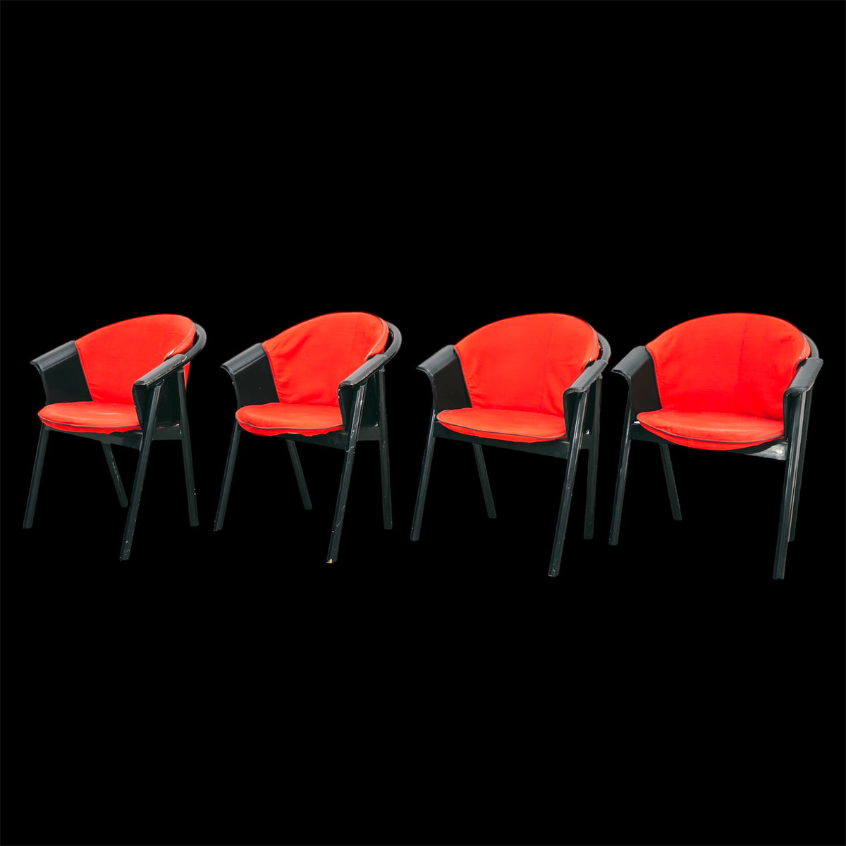 Set 4 Sedie Pozzi & Verga Vintage Anni 70 Legno Laccato Nero Tessuto Rosso Modernariato Design