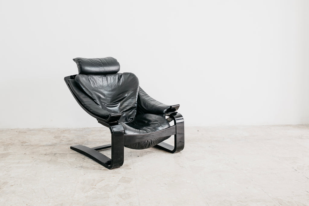 Poltrona Lounge Vintage "Kroken" di Åke Fribytter per Nelo Möbel in Pelle Nera (Anni '70)