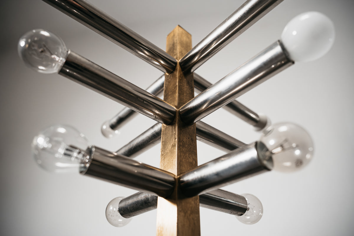 Lampada da Terra in Stile Gaetano Sciolari Vintage Anni 70 Ottone 12 Luci Piantana Space Age