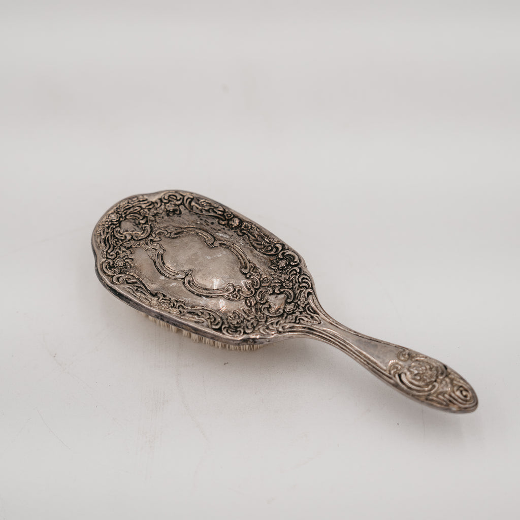 Set da Toletta Vintage Specchio a Mano e Spazzola in Metallo Argentato Lavorato