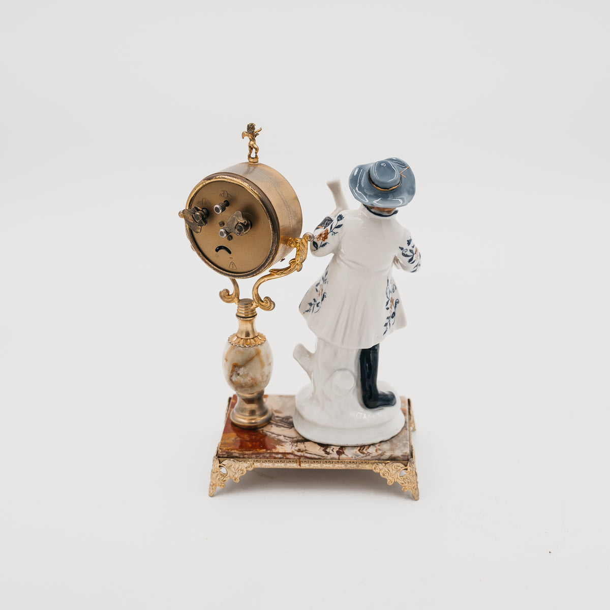 Orologio da Tavolo Vintage con Statuetta in Porcellana e Base in Marmo