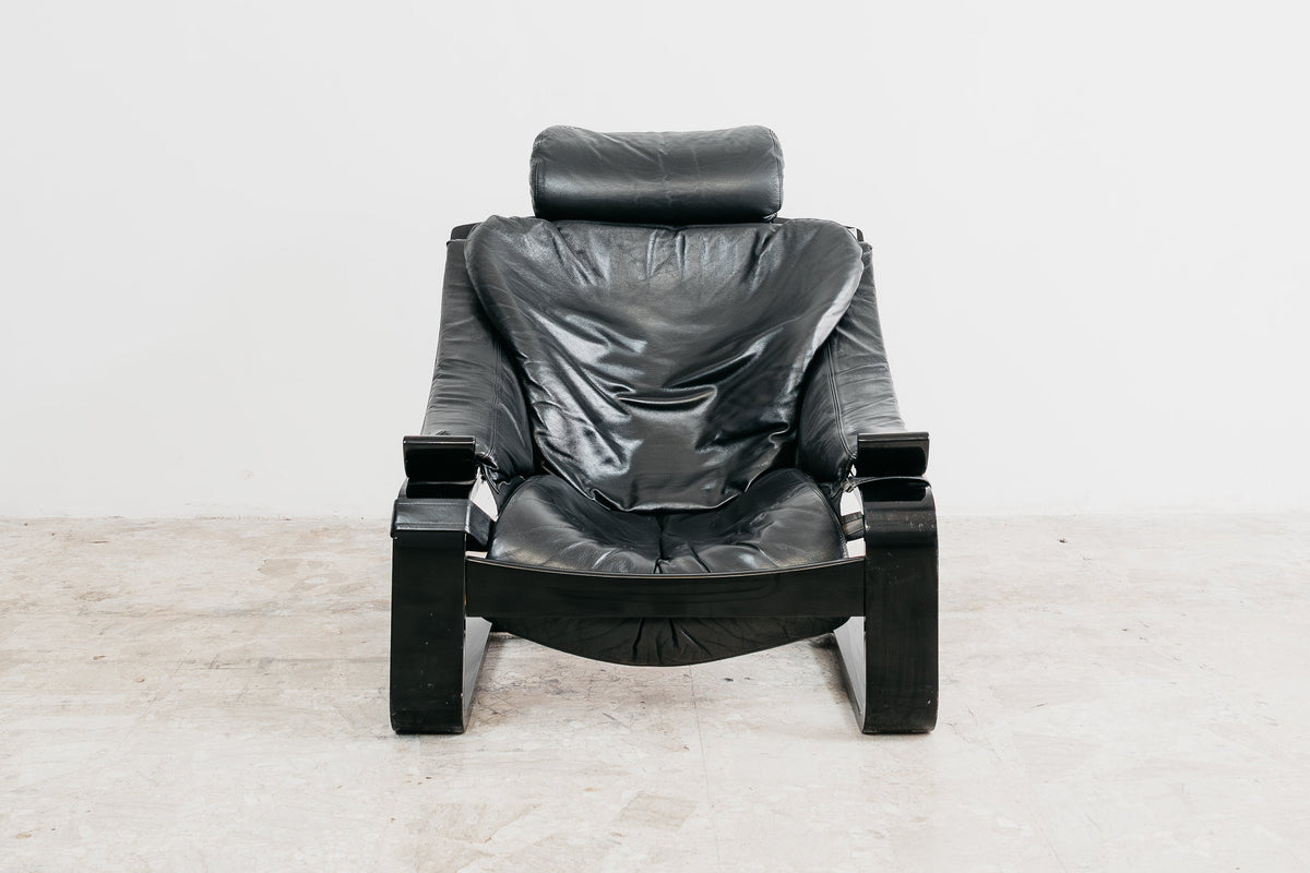 Poltrona Lounge Vintage "Kroken" di Åke Fribytter per Nelo Möbel in Pelle Nera (Anni '70)