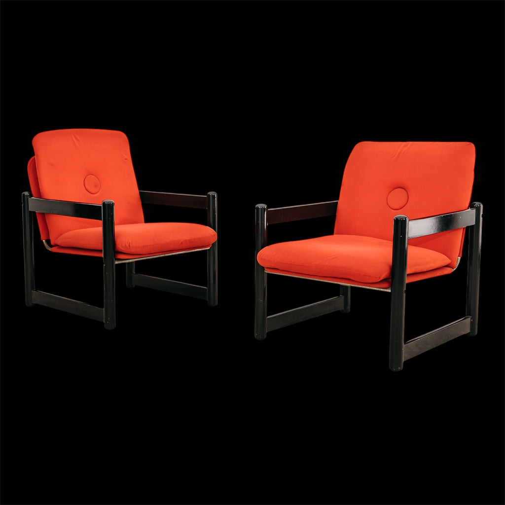 Coppia di Poltrone Vintage Schirolli Modello Pierrot in Legno Laccato e Panno Rosso (Anni '80)