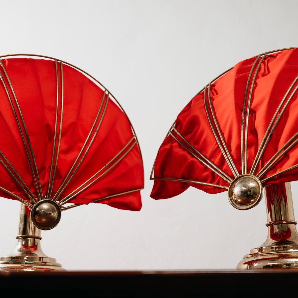 Coppia Lampade da Tavolo Ventaglio Vintage Anni 70 Ottone Hollywood Regency Modernariato Abat-Jour