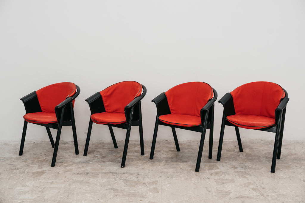 Set 4 Sedie Pozzi & Verga Vintage Anni 70 Legno Laccato Nero Tessuto Rosso Modernariato Design