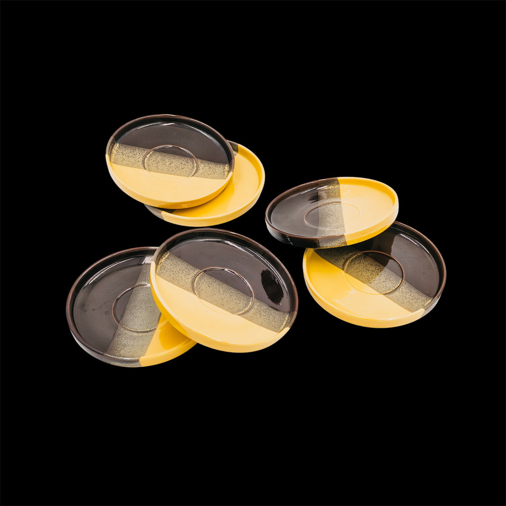 Set 6 Piatti da Dessert Vintage SIC Ceramiche Artistiche Giallo e Nero Anni 70