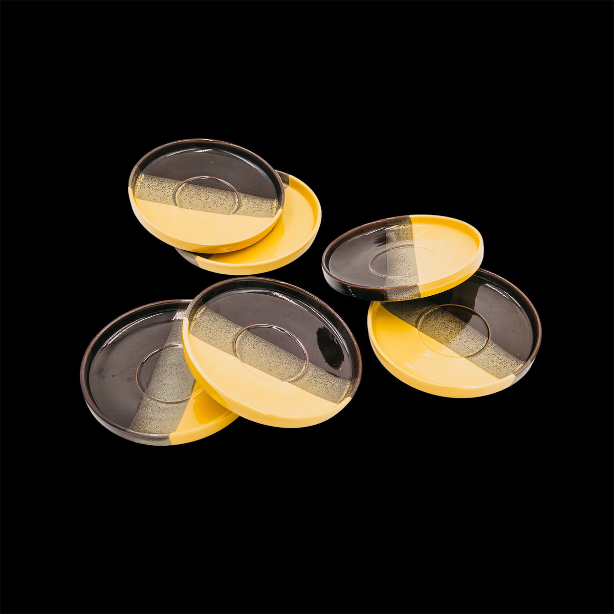 Set 6 Piatti da Dessert Vintage SIC Ceramiche Artistiche Giallo e Nero Anni 70