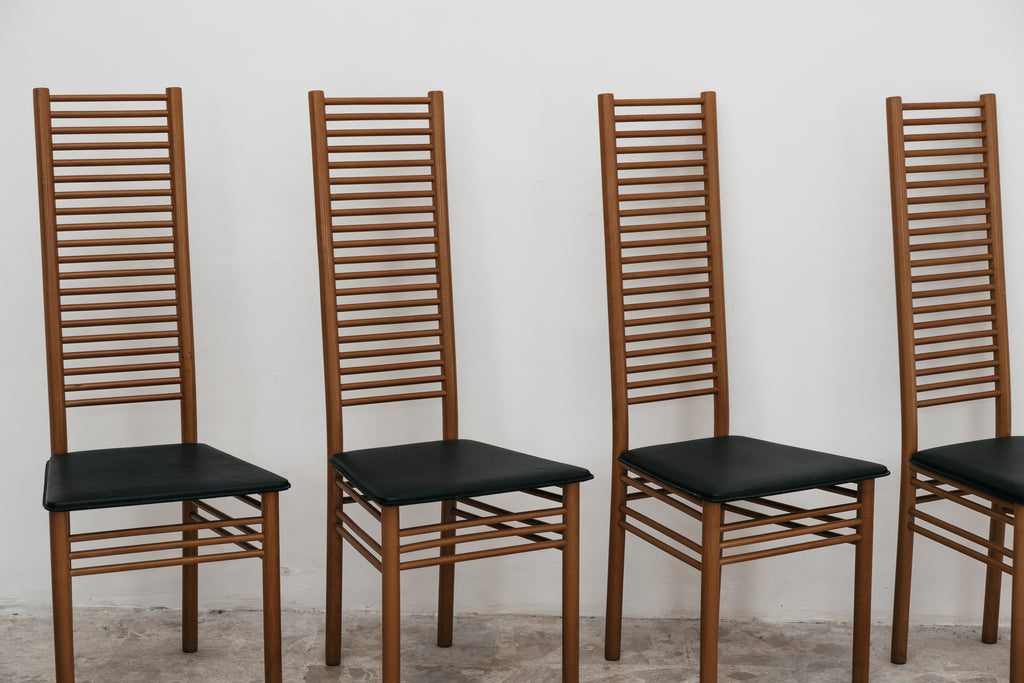 Set 4 Sedie Schienale Alto Vintage Anni 80 Legno Chiaro Pelle Nera Modernariato Design