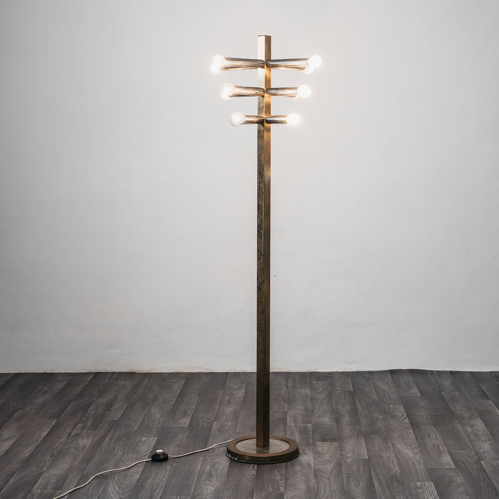 Lampada da Terra in Stile Gaetano Sciolari Vintage Anni 70 Ottone 12 Luci Piantana Space Age