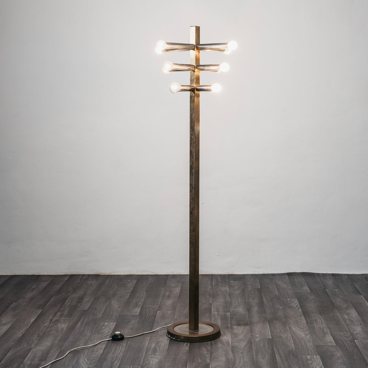 Lampada da Terra in Stile Gaetano Sciolari Vintage Anni 70 Ottone 12 Luci Piantana Space Age