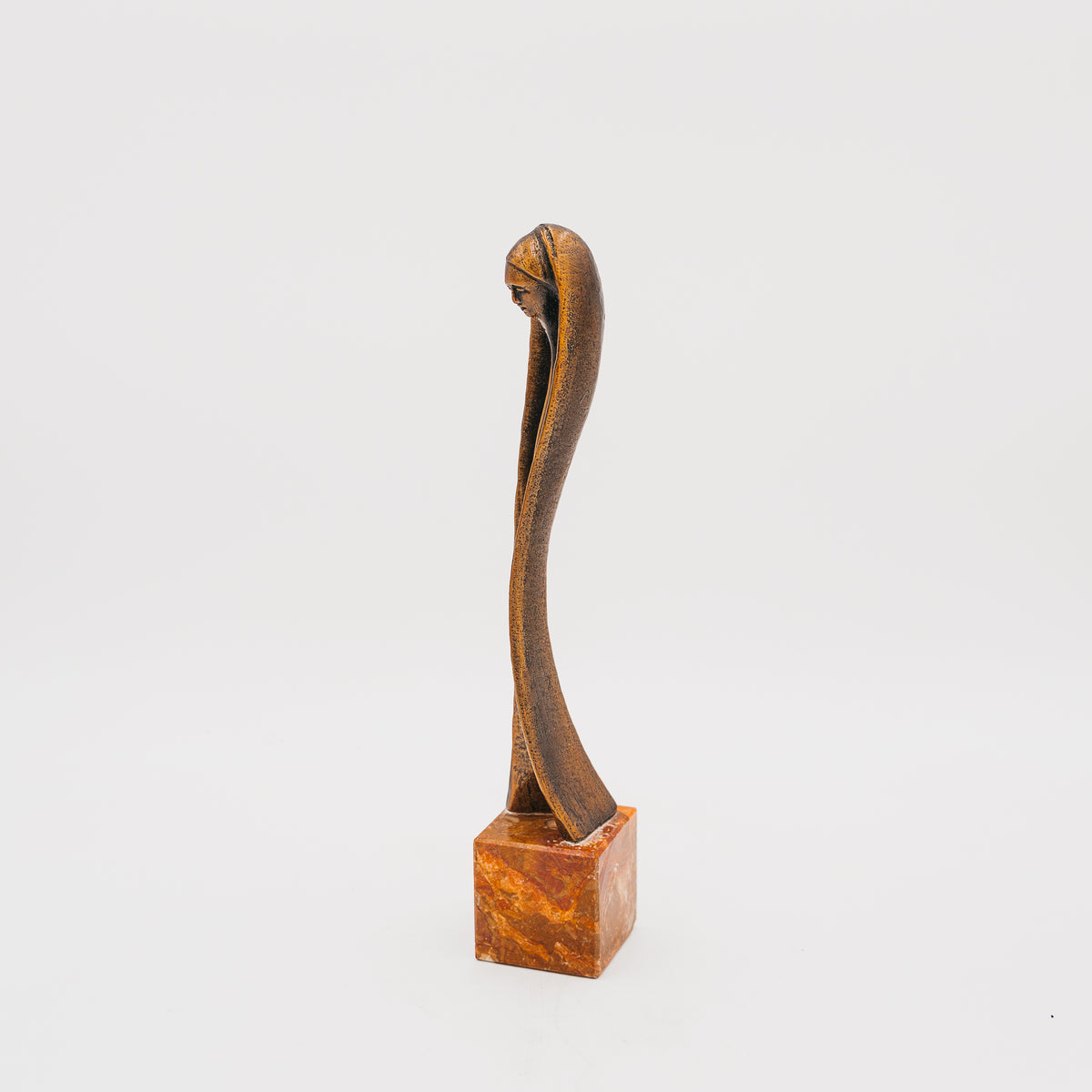 Scultura Madonna Stilizzata Vintage in Bronzo con Base in Marmo
