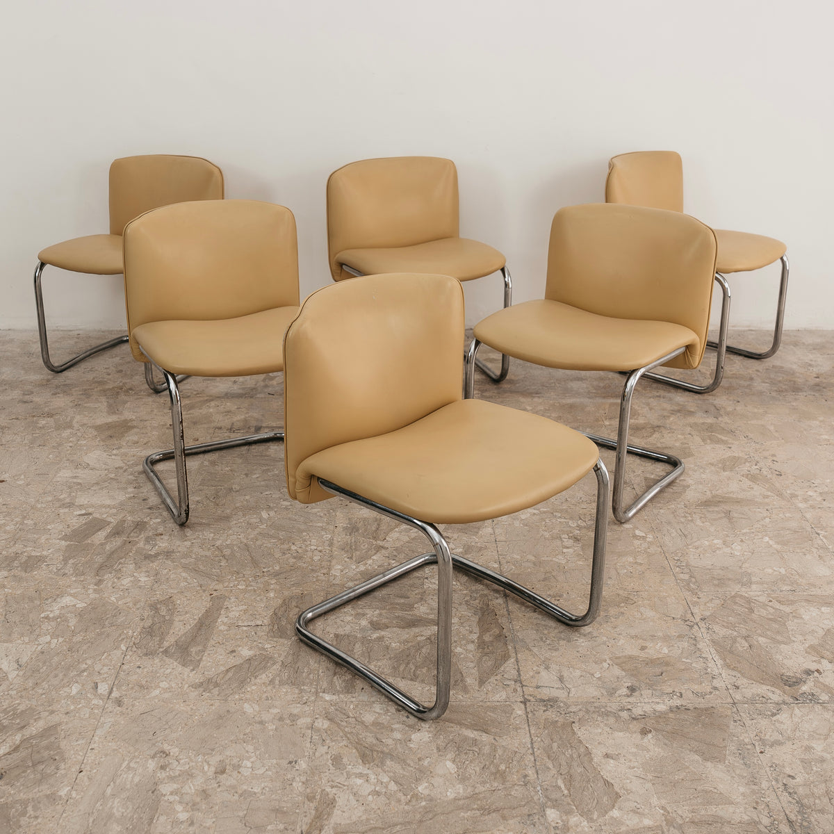 Set di 6 Sedie Vintage Cantilever in Acciaio Cromato e Similpelle (Anni '70)