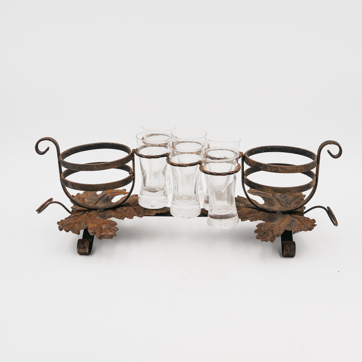 Set Liquore Vintage in Ferro Battuto con 6 Bicchierini da Cicchetto Porta Bottiglie