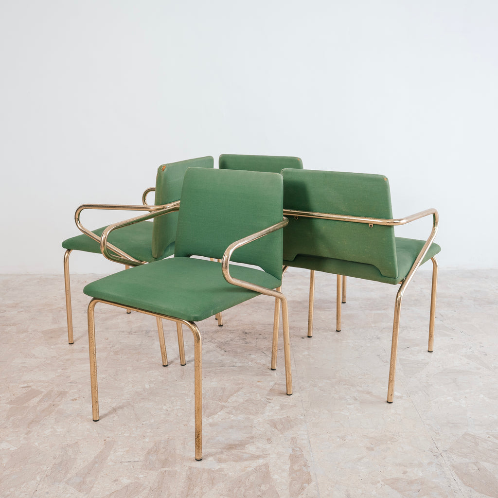 Set di 4 Sedie Poltroncine Vintage Hollywood Regency in Tessuto Verde e Metallo Dorato (Anni '70)