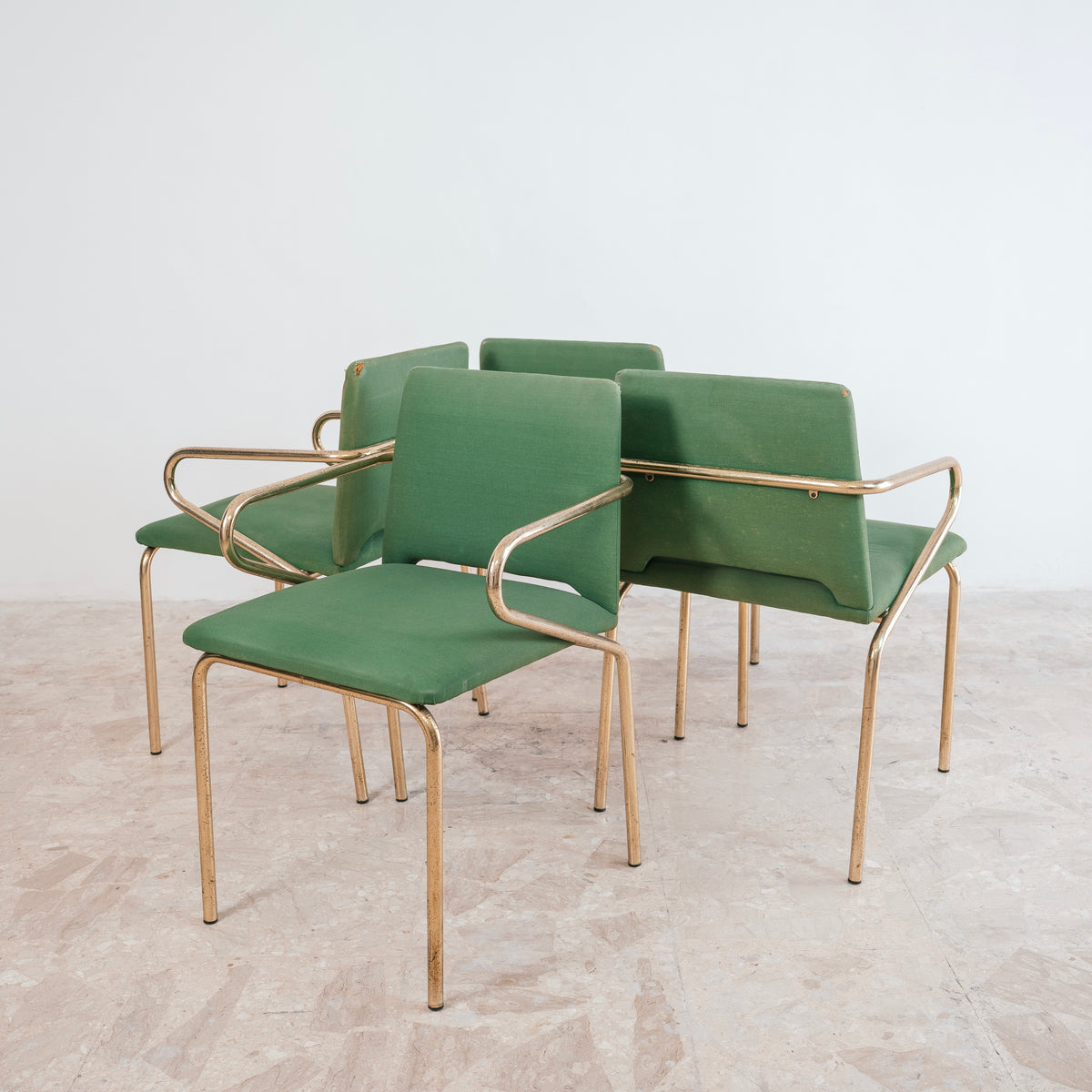 Set di 4 Sedie Poltroncine Vintage Hollywood Regency in Tessuto Verde e Metallo Dorato (Anni '70)
