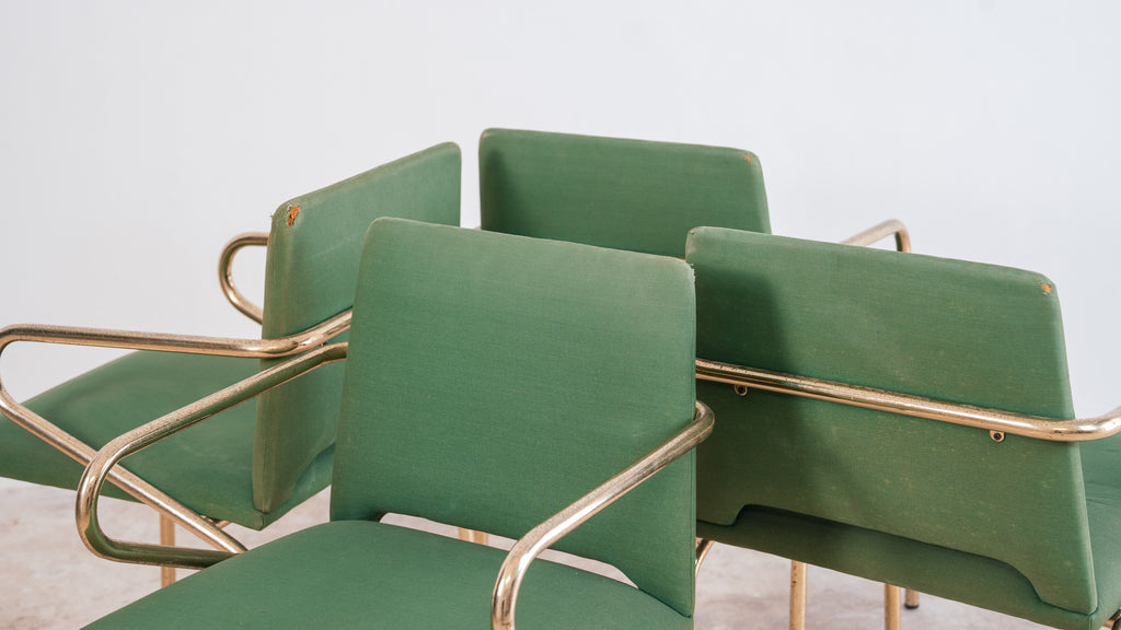 Set di 4 Sedie Poltroncine Vintage Hollywood Regency in Tessuto Verde e Metallo Dorato (Anni '70)