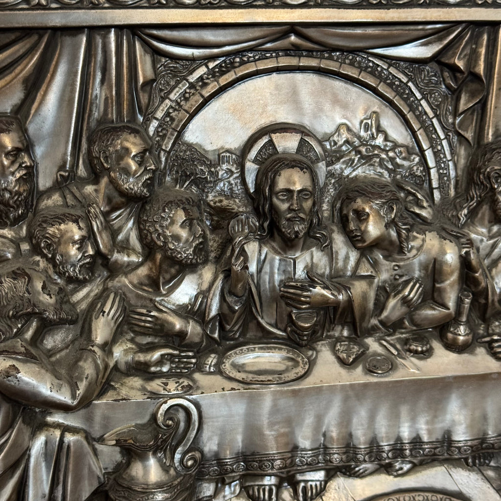 Quadro Bassorilievo Vintage "Ultima Cena de Jesus" in Metallo Argentato / Brunito