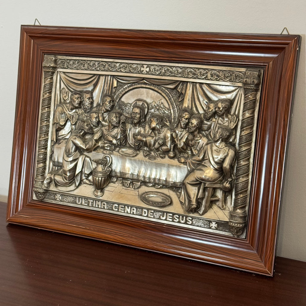 Quadro Bassorilievo Vintage "Ultima Cena de Jesus" in Metallo Argentato / Brunito