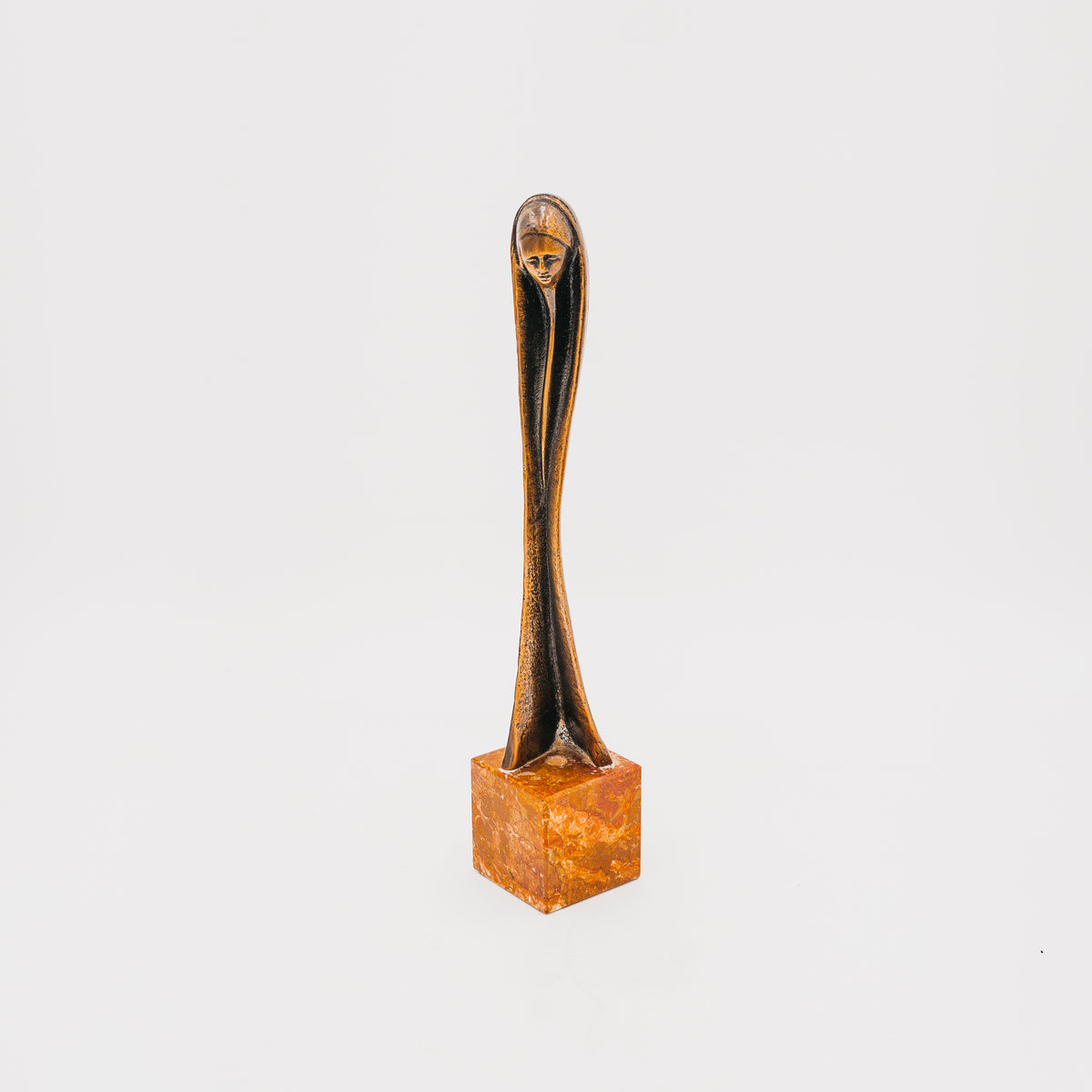 Scultura Madonna Stilizzata Vintage in Bronzo con Base in Marmo