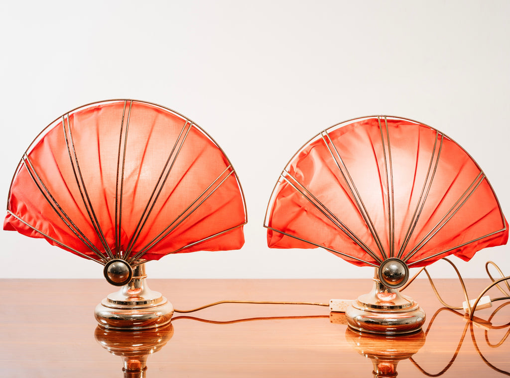Coppia Lampade da Tavolo Ventaglio Vintage Anni 70 Ottone Hollywood Regency Modernariato Abat-Jour