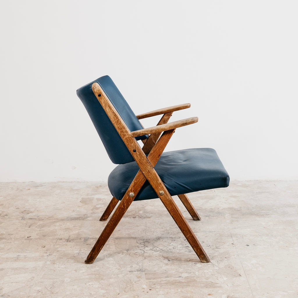Poltrona Lounge Vintage Dal Vera in Legno e Skai Blu (Anni '50/'60)