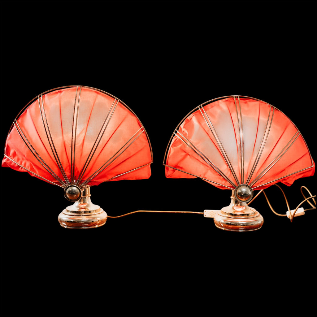 Coppia Lampade da Tavolo Ventaglio Vintage Anni 70 Ottone Hollywood Regency Modernariato Abat-Jour